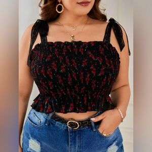 NWOT FLORAL PRINT LACE TIE SHOULDER RUFFLE TRIM CAMI TOP PLUS SIZE